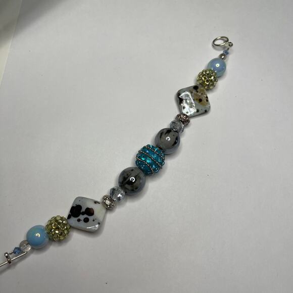 bracelet chunky beaded silver tone with turquoise blue toggle clasp artisan poss - Picture 10 of 16